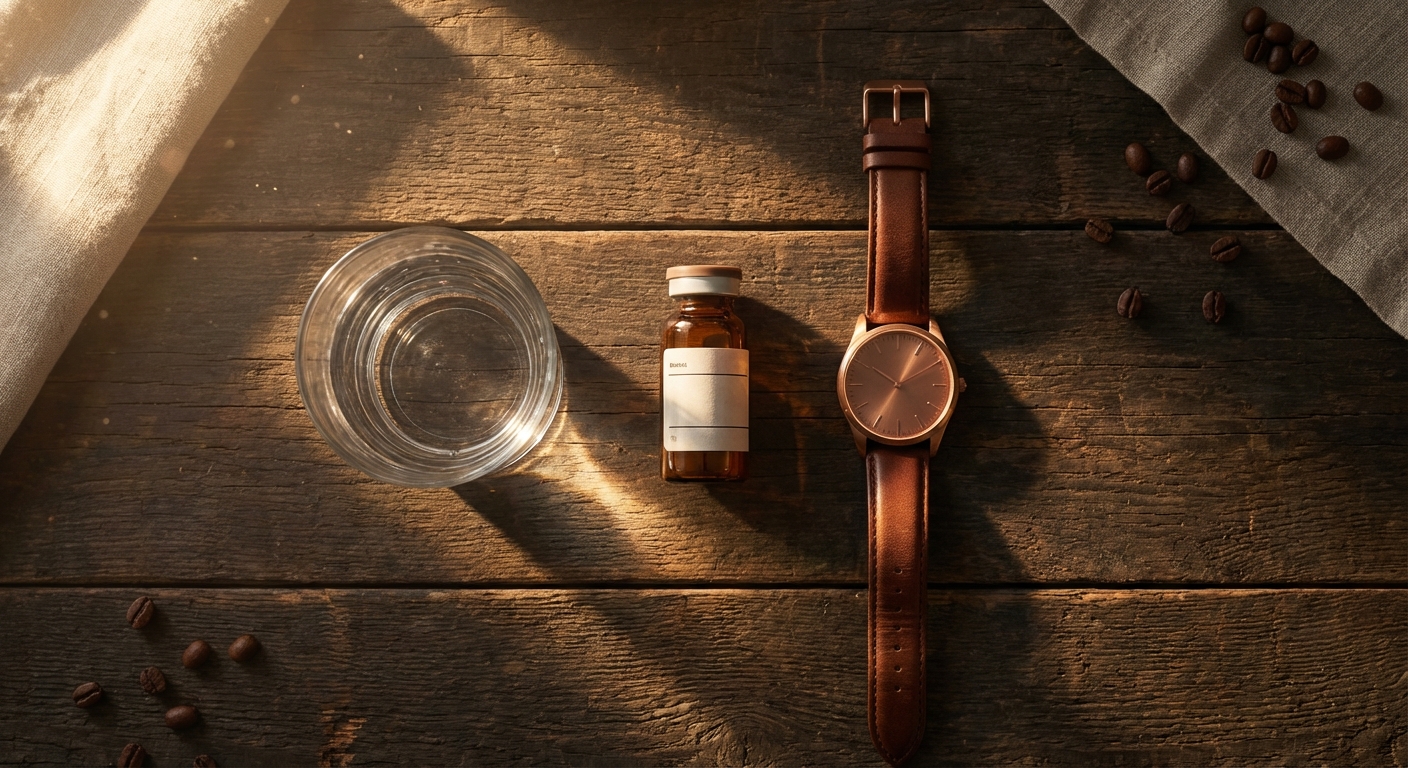 Morning routine — glass of water, medication vial, leather watch on dark wood